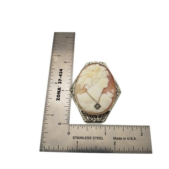 Vintage 14 Karat White Gold and Diamond Cameo Brooch/Pendant #10632 - Picture 7 of 7